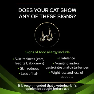 Az alábbi angol szöveg látható: Signs of food allergy include: Skin itchiness, skin redness, loss of hair, flatulence, vomiting, gastrointestinal disturbances, weight loss, étvágytalanság.