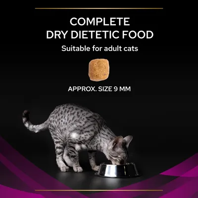Complete dry dietetic food for adult cats, showing a kibble piece approximately 9 mm in size and a cat eating from a bowl.