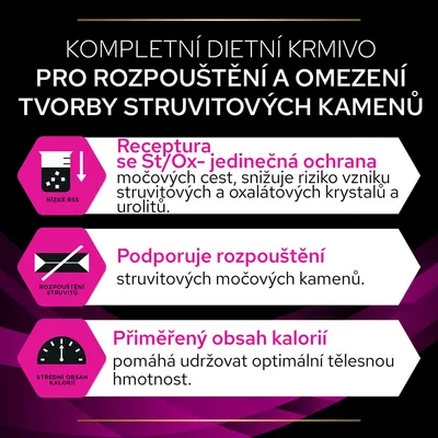 Text v češtine: Kompletní dietní krmivo pro rozpouštění a omezení tvorby struvitových kamenů. Receptura se St/Ox, podporuje rozpouštění, přiměřený obsah kalorií.