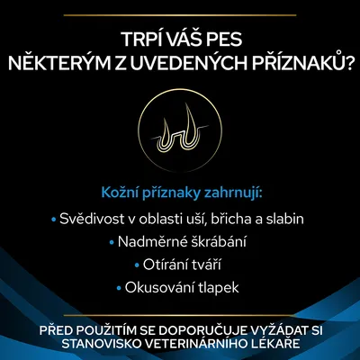 Text v češtine: Trpí váš pes některým z uvedených příznaků? Kožní příznaky zahrnují svědivost, nadměrné škrábání, otírání tváří, okusování tlapek. Odporúča sa konzultácia s veterinárom.