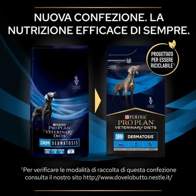 Nuova confezione Purina Pro Plan Veterinary Diets DRM Dermatosis per cani. Testo: Progettato per essere riciclabile. Consulta www.dovelobutto.nestle.it per info raccolta.