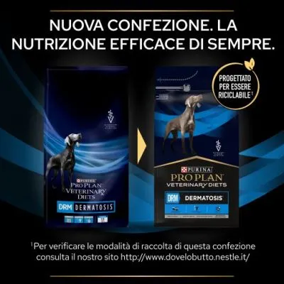 Nuova confezione Purina Pro Plan Veterinary Diets DRM Dermatosis per cani. Testo: Progettato per essere riciclabile. Consulta www.dovelobutto.nestle.it per modalità di raccolta.