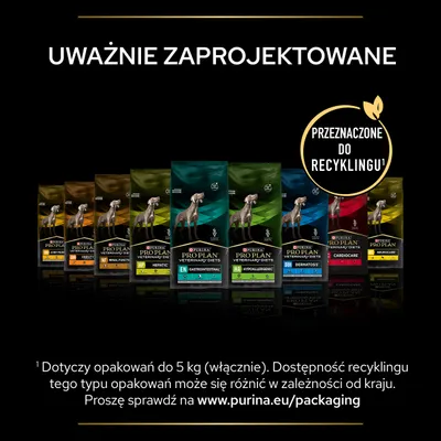 Purina Pro Plan Veterinary Diets – opakowania różnych wariantów karmy dla psów, napis: Przeznaczone do recyklingu. Uważnie zaprojektowane. Informacja o dostępności recyklingu.