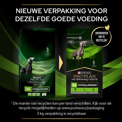 Nieuwe verpakking Purina Pro Plan Veterinary Diets HA Hypoallergenic hondenvoer, ontworpen om te recyclen. 3 kg verpakking is recyclebaar. Zelfde voeding, vernieuwde verpakking.