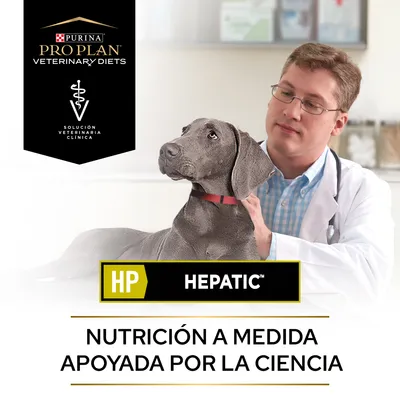 Purina Pro Plan Veterinary Diets HP Hepatic. Solución veterinaria clínica. Nutrición a medida apoyada por la ciencia. Imagen de perro con persona en bata blanca.
