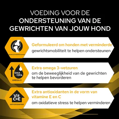 Voeding voor ondersteuning van de gewrichten van honden: geformuleerd voor mobiliteit, extra omega 3-vetzuren voor beweeglijkheid, antioxidanten vitamine E en C tegen oxidatieve stress.