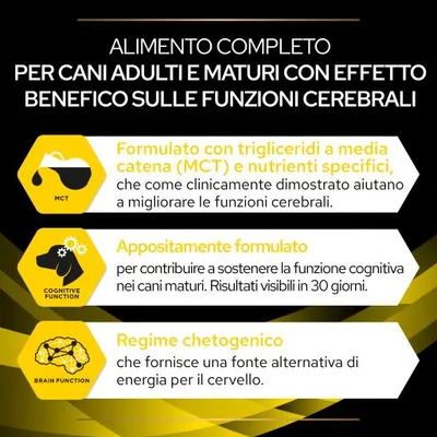 Alimento completo per cani adulti e maturi con effetto benefico sulle funzioni cerebrali. Formulato con MCT, nutrienti specifici, regime chetogenico, supporto funzione cognitiva.