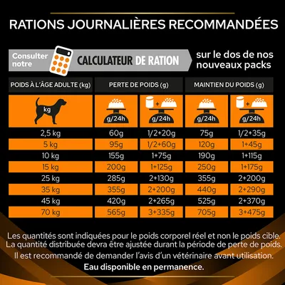 Tableau des rations journalières recommandées pour chiens selon le poids adulte, avec colonnes perte de poids et maintien du poids en grammes par jour. Eau disponible en permanence.