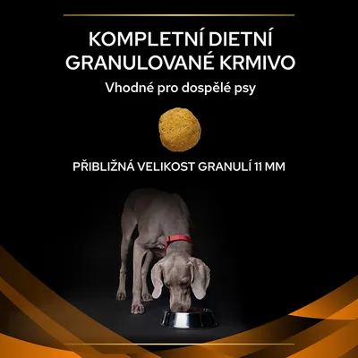 Kompletní dietní granulované krmivo, vhodné pro dospělé psy. Přibližná velikost granulí 11 mm. Pes u misky.