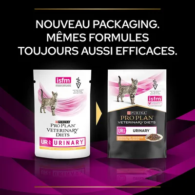 Nouveau packaging Purina Pro Plan Veterinary Diets UR St/Ox Urinary pour chat, mêmes formules. Deux sachets montrés : ancien blanc et nouveau noir, logos isfm et vétérinaire visibles.