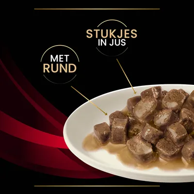 Stukjes in jus met rund, getoond op een wit bord. Tekst: 'STUKJES IN JUS', 'MET RUND'.