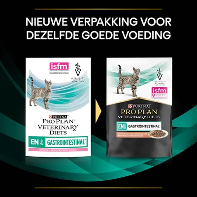 Nieuwe verpakking voor Purina Pro Plan Veterinary Diets EN Gastrointestinal kattenvoer, beide verpakkingen met kat en isfm-logo zichtbaar.