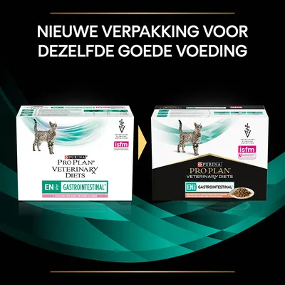 Nieuwe verpakking Purina Pro Plan Veterinary Diets EN Gastrointestinal kattenvoer, oude en nieuwe doos naast elkaar met tekst: Nieuwe verpakking voor dezelfde goede voeding.