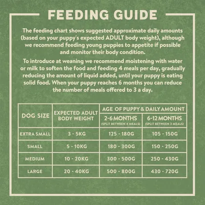 Feeding guide with daily amounts for puppies by expected adult weight: extra small 3-5kg, small 5-10kg, medium 10-20kg, large 20-40kg. Amounts vary by age from 2-12 months.