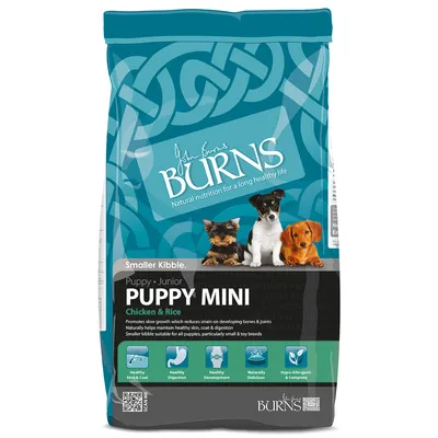 Burns Puppy Mini Chicken & Rice. Trockenfutter für Welpen und Junioren, kleinere Kroketten, hypoallergen, unterstützt gesunde Haut, Verdauung und Entwicklung. Geeignet für kleine Rassen.