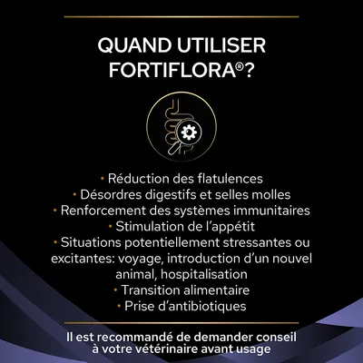 Quand utiliser Fortiflora : réduction des flatulences, désordres digestifs, renforcement immunitaire, stimulation de l’appétit, situations stressantes, transition alimentaire, antibiotiques. Il est recommandé de demander conseil à votre vétérinaire avant usage.