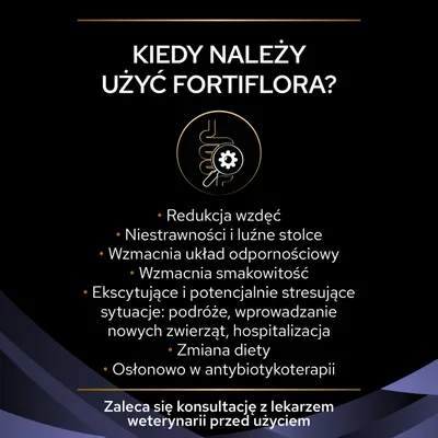 Kiedy należy użyć Fortiflora? Redukcja wzdęć, niestrawności i luźne stolce, wzmacnia odporność i smakowitość, zmiana diety, stres, antybiotykoterapia. Konsultacja z weterynarzem zalecana.