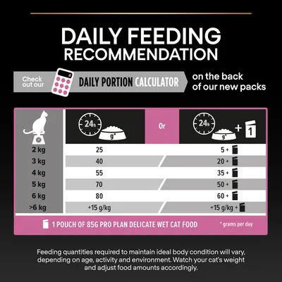 Daily feeding recommendation chart for cats by weight: 2 kg 25 g, 3 kg 40 g, 4 kg 55 g, 5 kg 70 g, 6 kg 80 g, over 6 kg add 15 g/kg. Option to add 1 pouch of 85g Pro Plan Delicate wet cat food.