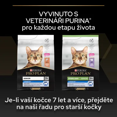 PURINA PRO PLAN Senior 7+ a Sterilised Senior 7+ krmivo pro kočky, nápis: Vyvinuto s veterináři Purina pro každou etapu života. Doporučení pro kočky od 7 let.