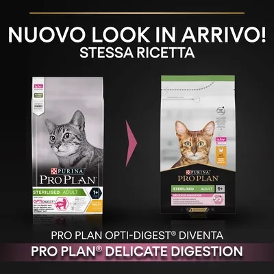 Immagine con due confezioni di Purina Pro Plan Sterilised Adult per gatti, testo: 'Nuovo look in arrivo! Stessa ricetta. Pro Plan Opti-Digest diventa Pro Plan Delicate Digestion'.