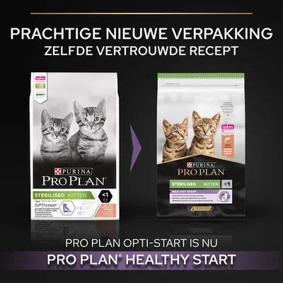 Purina Pro Plan Sterilised Kitten kattenvoer: oude en nieuwe verpakking. OptiStart heet nu Healthy Start. Tekst: Prachtige nieuwe verpakking, zelfde vertrouwde recept.