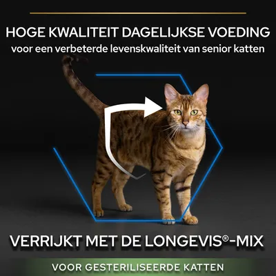 Hoge kwaliteit dagelijkse voeding voor senior katten, verrijkt met de LongevIs-mix. Voor gesteriliseerde katten. Tekst in beeld.