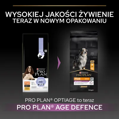 Purina Pro Plan OptiAge zmienia nazwę na Pro Plan Age Defence. Wysokiej jakości żywienie teraz w nowym opakowaniu. Widoczne dwa opakowania karmy dla psów dorosłych 7+ medium & large.