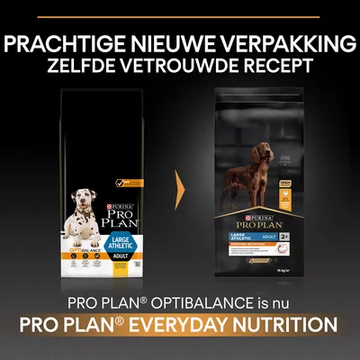 Purina Pro Plan Large Athletic Adult hondenvoer: oude en nieuwe verpakking. Optibalance heet nu Everyday Nutrition. Tekst: prachtige nieuwe verpakking, zelfde vertrouwde recept.