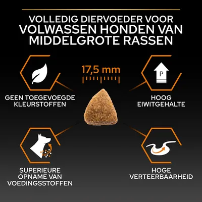 Volledig diervoeder voor volwassen honden van middelgrote rassen, brokgrootte 17,5 mm, geen toegevoegde kleurstoffen, hoog eiwitgehalte, superieure opname voedingsstoffen, hoge verteerbaarheid.