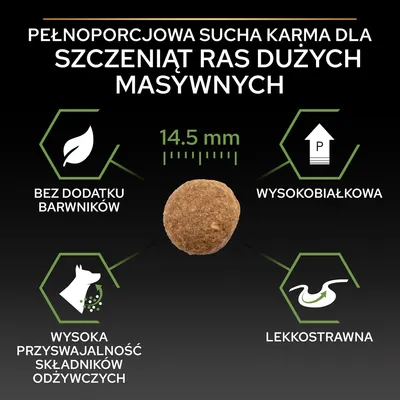Pełnoporcjowa sucha karma dla szczeniąt ras dużych masywnych, średnica granulki 14,5 mm, bez dodatku barwników, wysokobiałkowa, wysoka przyswajalność, lekkostrawna.