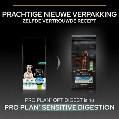 Nieuwe verpakking voor Purina Pro Plan Large Athletic Adult hondenvoer; Optidigest heet nu Sensitive Digestion. Tekst: Prachtige nieuwe verpakking, zelfde vertrouwde recept.