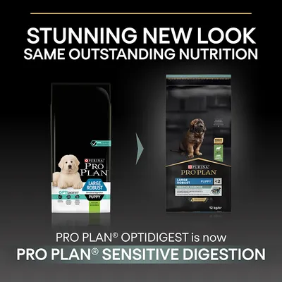 Purina Pro Plan Large Robust Puppy -koiranruoan pakkausmuutos: Optidigest-nimi vaihtuu Sensitive Digestioniksi. Molemmissa pakkauksissa pentukoiran kuva ja tuotetiedot näkyvissä.