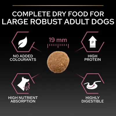 Koiran kuivaruokanappula, halkaisija 19 mm. Tekstit: COMPLETE DRY FOOD FOR LARGE ROBUST ADULT DOGS, NO ADDED COLOURANTS, HIGH PROTEIN, HIGH NUTRIENT ABSORPTION, HIGHLY DIGESTIBLE.
