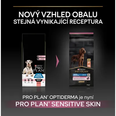 Porovnání starého a nového obalu krmiva Purina Pro Plan Large Athletic Adult Sensitive Skin. Text: Nový vzhled obalu, stejná vynikající receptura. Optiderma je nyní Sensitive Skin.