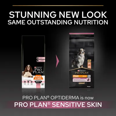 Promjena izgleda pakiranja: Purina Pro Plan Medium & Large Adult 7+ Optiderma sada je Pro Plan Sensitive Skin. Tekst na engleskom jeziku.