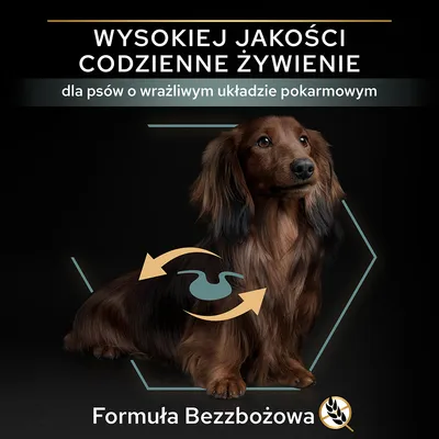 Wysokiej jakości codzienne żywienie dla psów o wrażliwym układzie pokarmowym. Formuła bezzbożowa.