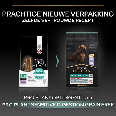 Purina Pro Plan hondenvoer: oude verpakking 'OptiDigest Small & Mini Adult Grain Free' verandert in nieuwe verpakking 'Sensitive Digestion Grain Free Small & Mini Adult 1+'.