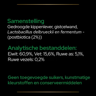 Samenstelling: gedroogde kippenlever, gistcelwand, Lactobacillus delbrueckii en fermentum (postbiotica 2%). Eiwit: 60,9%, vet: 15,6%, ruwe as: 5,1%, ruwe vezels: 0,2%. Geen toegevoegde suikers, kunstmatige kleurstoffen en conserveermiddelen.