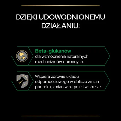 Dzięki udowodnionemu działaniu: Beta-glukanów dla wzmocnienia naturalnych mechanizmów obronnych. Wspiera zdrowie układu odpornościowego przy zmianach pór roku, rutyny i stresie.