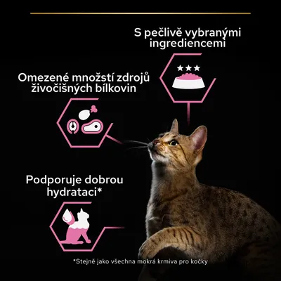 Text v češtine: S pečlivě vybranými ingrediencemi, Omezené množství zdrojů živočišných bílkovin, Podporuje dobrou hydrataci. Obrázok mačky a ikoniek krmiva.