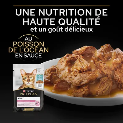 Purina Pro Plan Adult Delicate Digestion, nourriture pour chat au poisson de l’océan en sauce. Texte : une nutrition de haute qualité et un goût délicieux.
