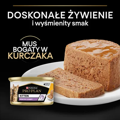 Purina Pro Plan Kitten Healthy Start mus bogaty w kurczaka. Doskonałe żywienie i wyśmienity smak. Opakowanie i porcja musu na talerzu. Purina Pro Plan Kitten Healthy Start mus bogaty w kurczaka. Doskonałe żywienie i wyśmienity smak. Opakowanie i porcja musu na talerzu.