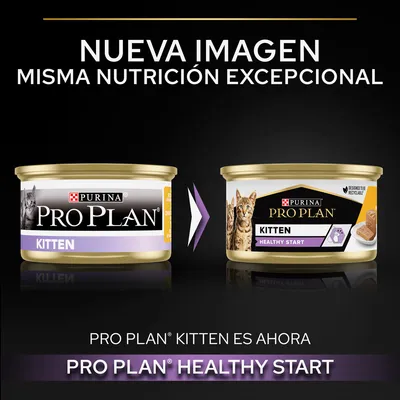 Cambio de imagen en latas Purina Pro Plan Kitten, ahora Pro Plan Healthy Start. Texto: Nueva imagen, misma nutrición excepcional. Diseñado para ser reciclable.