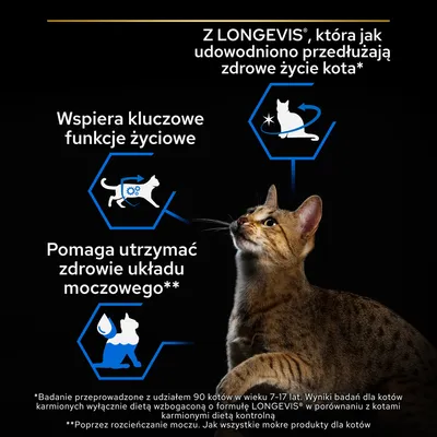 Z LONGEVIS, która jak udowodniono przedłuża zdrowe życie kota. Wspiera kluczowe funkcje życiowe. Pomaga utrzymać zdrowie układu moczowego. Kot na czarnym tle.