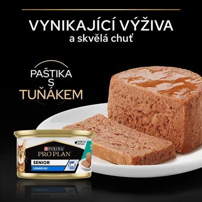 Purina Pro Plan Senior Longevís paštéta s tuniakom pre mačky, zobrazená konzerva a plátky paštéty na tanieri. Text: Vynikající výživa a skvělá chuť, Paštika s tuňákem.