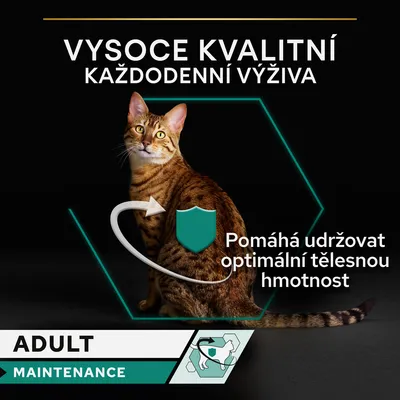 VYSOCE KVALITNÍ KAŽDODENNÍ VÝŽIVA. Pomáhá udržovat optimální tělesnou hmotnost. ADULT MAINTENANCE. Text v češtine.