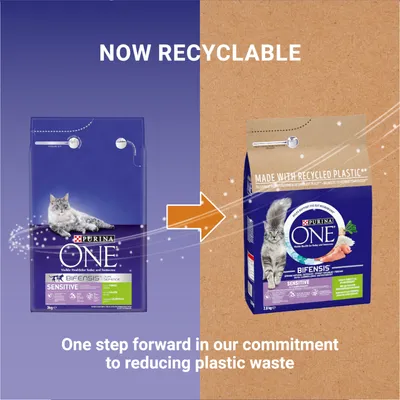 Image showing product packaging change to recyclable material with text: 'Now recyclable. Made with recycled plastic. One step forward in our commitment to reducing plastic waste.'