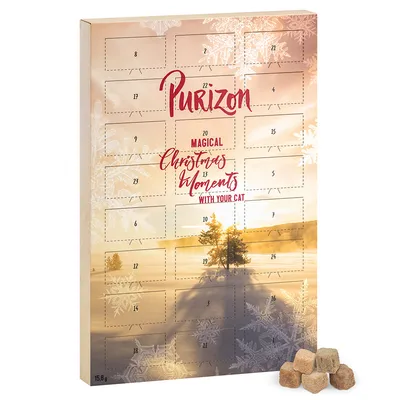Purizon adventní kalendář pro kočky, 15,6 g. Kalendář s očíslovanými okénky a designem se sněhovými vločkami.