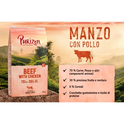 Purizon Manzo con Pollo per gatti adulti, 70% carne, pesce e altri componenti animali, 30% frutta e verdura, 0% cereali, crocchette ricche di proteine. Testo in inglese: Beef with Chicken.