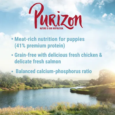 Purizon. Meat-rich nutrition for puppies with 41% premium protein, grain-free with fresh chicken and salmon, balanced calcium-phosphorus ratio.